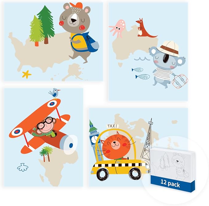 Pre Drawn Painting Canvas for Painting, 8 x 10 Inch Canvas Boards 12 Pack (Animal Travel Designs), Canvas Panels for Acrylic Paint, Watercolor, Markers & DIY Craft Projects