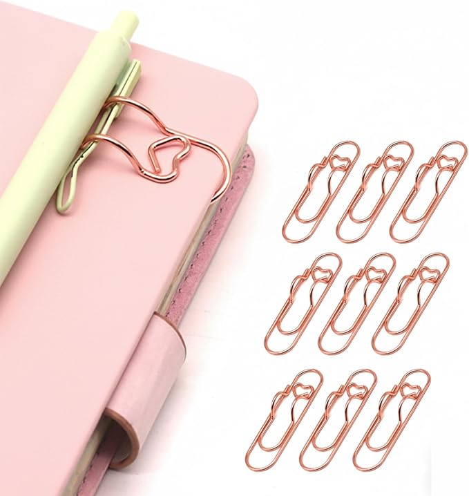 12-Pack Pen Holder Clips for Notebook, Rose Gold Heart Clips | Paper Clip Pen Holder for Notebook, Holds Pens Under 0.5 Inch Thick, Cute Office Supplies for Planners and Journals