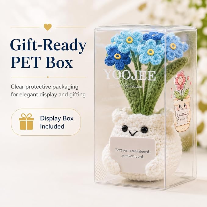 Handmade Crochet Forget Me Not Flower Pot Sympathy Gifts for Loss | Grief Support Gift, PET gift box, Meaningful Blue Forget Me Not Flower, Memorial Gift, Home & Desk Decor Gift Idea