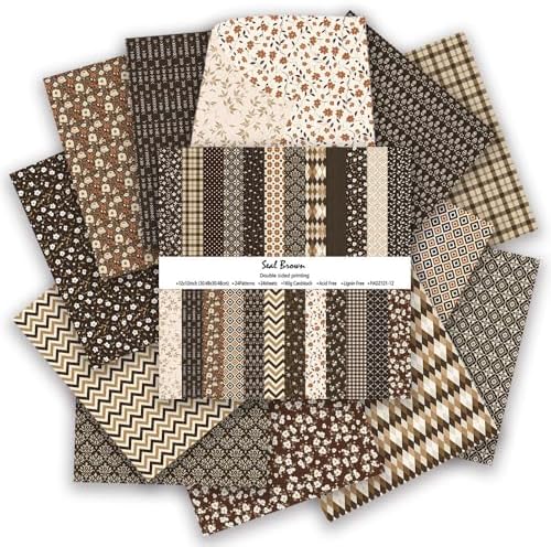 Gingham Scrapbook Paper 12x12 Coffee,24 Sheets Double-Sided Bohemian Floral Patterned CardStock Paper Pad Boho Tone Decorative Craft Papers for Holiday Cardmaking DIY Origami Papers.