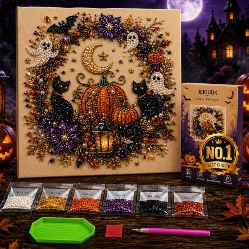 Halloween Pearl Art Kit for Adults 3D Diamond Painting DIY Craft Bead Mosaic with Ghost Pumpkin Witch Raven Skull Cow Design Options for Spooky Seasonal Home Decor and Creative Holiday Activity