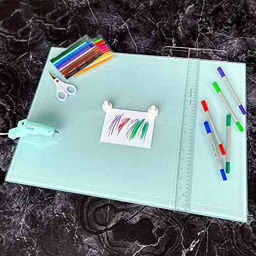 GLASSBOARD STUDIO Glass Craft Mat - Magnetic, Heat & Scratch Resistant, Stain-Proof for Crafting, Cutting, Painting, Mixed Media Artwork - Grid Lines, Non-Slip Rubber Feet (Aqua 24”W x 36”L)