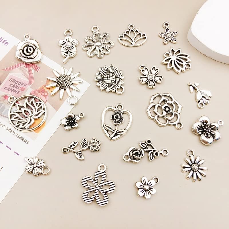 WOCRAFT 120pcs Antique Silver Fower Charm for Jewelry Making Alloy Spring Floral Flower Charms for DIY Crafts (SN032)