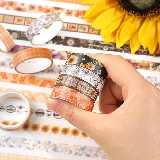 icceemee 20 Rolls Sunflower Theme Washi Tape Set with Different Colorful Patterns, Writable Decorative Tapes for Scrapbooking, Junk Journal Supplies, Bullet Journaling, 0.39'' x 79'' per Roll