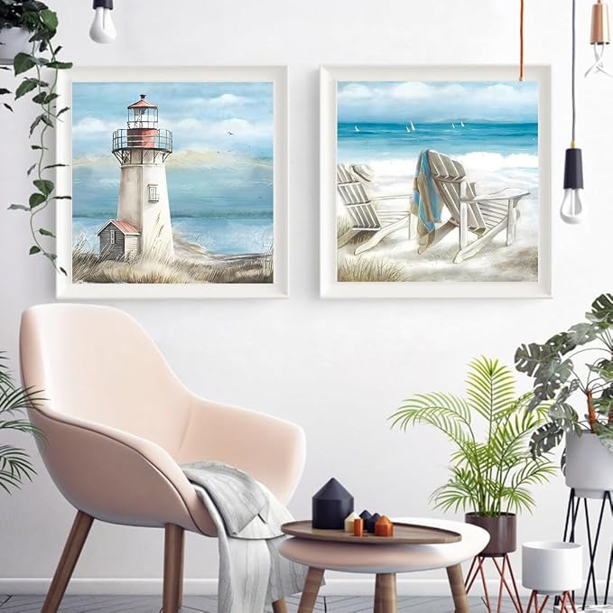 4 Packs Beach Paint by Numbers Kit for Adults Beginners with Frame, DIY Sea Side Adult's Paint by Number on Canvas, Watercolor Oil Painting Numbers Arts and Crafts Kits for Home Wall Decor 8 x 8 Inch