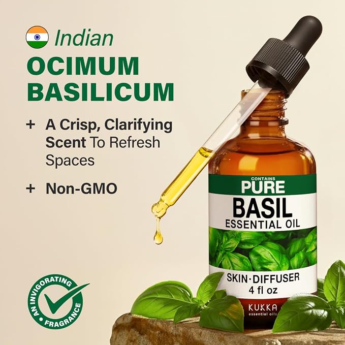 Kukka 100% Pure Basil Essential Oil for Skin, Diffuser, 4 Fl Oz | Undiluted Basil Oil for Scalp Care, Clarifying Skin Care, Uplifting Diffuser Blends & DIY Soap Making