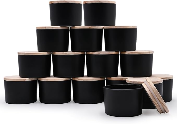 SHOWIN Thick Candle Jars for Making Candles 16 Pcs, 4 OZ Empty Jars with Wood Lids for Candle Making, Sample Container - Dishwasher Safe,Matte Black