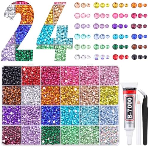 22000Pcs Resin Rhinestones for Bedazzling with Tweezers, Multicolor 2/3/4mm Rhinestones for Crafting with B7000 Jewelry Glue for DIY Crafts Clothing Tumblers Shoes Fabric Nail Art