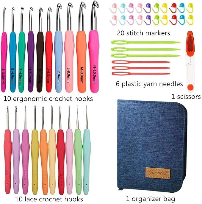 Yarniss 20 Size Crochet Hooks 0.5mm-10mm,Ergonomic Hook for Arthritic Hand