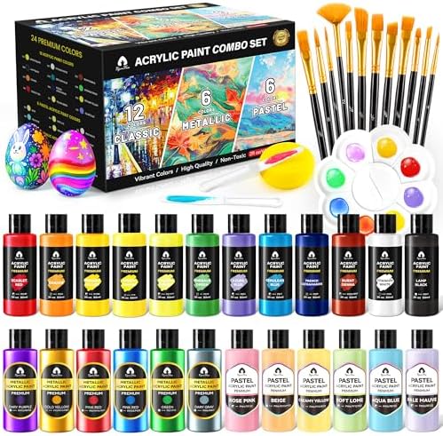 40 Pcs Classic & Metallic & Pastel Acrylic Paint Set with 12 Brushes, 2 Knives & Palette, 24 Colors (2oz/60ml) - for Adults, Kids, Artists & Beginners - Arts and Crafts Painting Kit