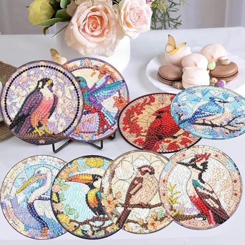 Diamond Art Coasters Kit, 8 Pieces Birds Diamond Painting Coasters Kit