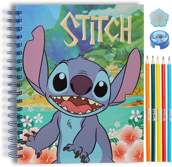 Disney Stitch Sketchbook for Kids with Colored Pencils, Pencil Sharpener, Eraser, Spiral Bound, Blue