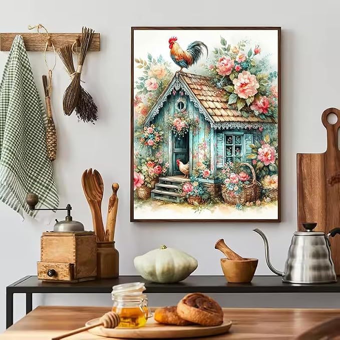 Accompany Wind Chicken Coop Diamond Art Kits for Adults, 5D Diamond Painting Kits for Beginners,DIY Round Full Drill Diamonds Gem Art Crafts for Home Wall Decor Gifts 12x16 Inch