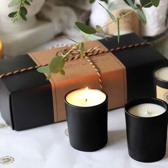 SHOWIN Thick Candle Jars for Making Candles 16 Pcs, 7 OZ Empty Jars with Wood Lids for Candle Making, Sample Container, Matte Black