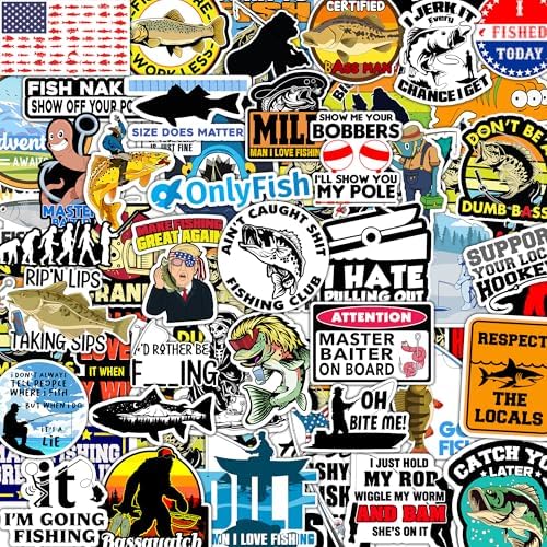 74pcs Funny Fishing Stickers for Tackle Box, Bucket, Father's Day Gift Waterproof Laptop Car Vinyl Skateboard Water Bottle Hard hat Tool Travel Case Guitar