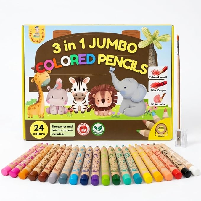 24 Jumbo colored Pencils Toddler ages 3-5, 3-in-1 Wooden Pencil, Crayon & Watercolor Art Set. Break-Resistant 8mm Core, Chunky Easy Grip for Beginner, Preschools, Kids, those with special needs (24)