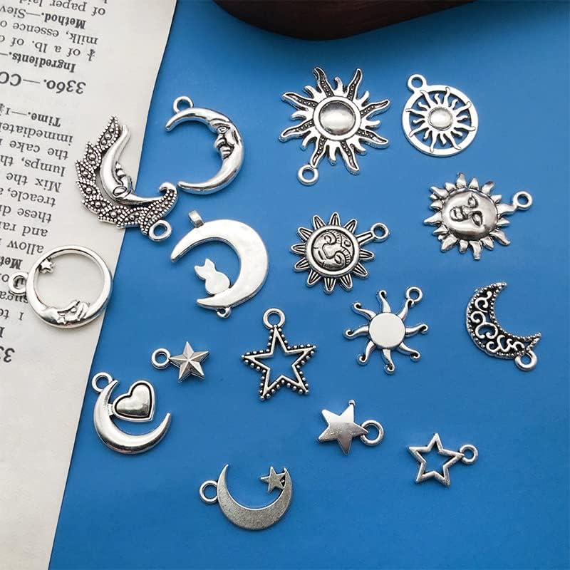 WOCRAFT 120pcs Antique Silver Sun Moon Star Charms for Jewelry Making Alloy Sun Moon Star Charms for DIY Crafts (SN001)