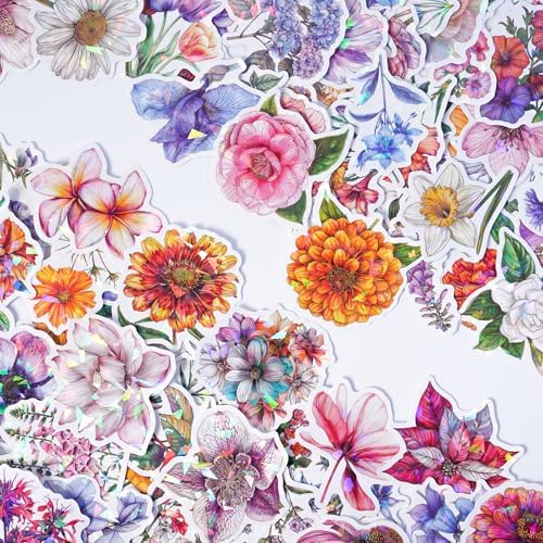 100 PCS Glitter Natural Flower Stickers for Scrapbooking, Verseyi Aesthetic Trendy Floral Stickers for Journaling Notebook DIY Cards Decoration, Vinyl Waterproof Garden Deco Sticker