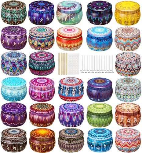 DIY Candle Making Kit for Kids & Adults - 28 Pack 3oz Metal Tins with Unique Mandala Patterns, Complete Supplies with Wicks, Wick Stickers & Holders - Perfect Family Craft Activity & Gift Set