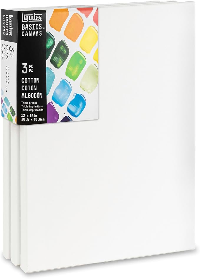 Liquitex BASICS Canvas, 3 pack, 12" x 16" | Archival, Acid-Free, Non-Toxic, Medium Texture Cotton, Pre-primed with a triple layer of acrylic gesso, Stapled & Stretched