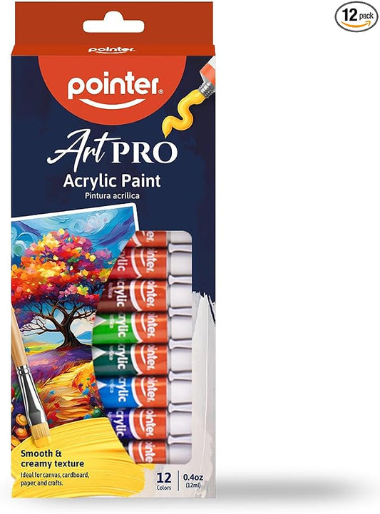 Pointer Art PRO Acrylic Paint Set – 12 Colors in 0.4oz (12ml) Tubes – Smooth & Creamy Texture – Ideal for Canvas, Paper, Cardboard, and Crafts