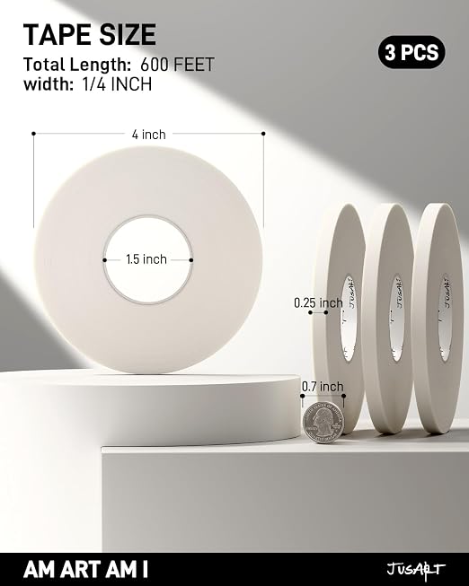 JusArt 3 Pack Artist Tape for Watercolor Paper, 1/4 inch Wide | Total 600FT Long, for Masking, Painting and Crafting, White Art Tape, Acid Free, Low Tack