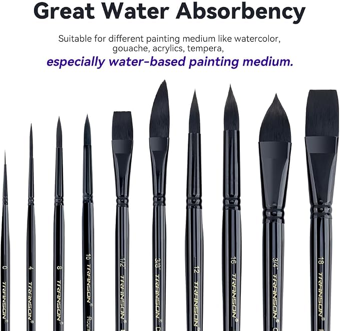 Transon 10pcs Natural Watercolor Paint Brush Set Professional for Watercolor Acrylic Ink Gouache Tempera