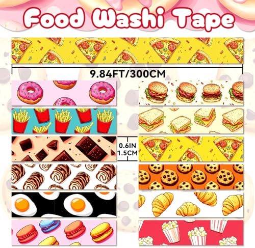 12 Rolls Cute Food Themed Washi Tape Set, Cartoon Yummy Dessert Decorative Tape Macarons Colorful Masking Tape for Journaling Supplies, Junk Journal, Scrapbooking, DIY Arts & Crafts Supplies