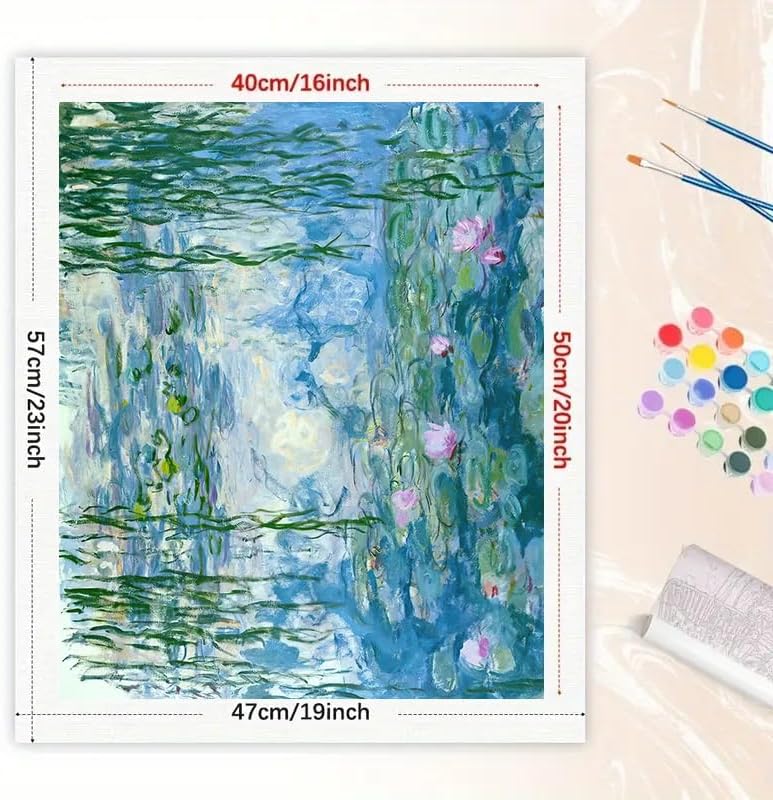 Water Lily Garden Paint by Numbers Kit for Adults - DIY Monet-Inspired Pond Painting on Canvas 16x20 Inches, Acrylic Paint Set, Suitable for Beginners, Impressionist Wall Art for Home Decoration