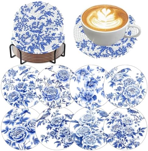 8 Pack Diamond Art Coasters, Blue Flowers Diamond Painting Coasters
