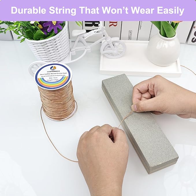 LUSTEMBER 1mm Faux Leather Waxed Cotton Cord, 175 Yards – Durable Necklace String, Soft and Textured Cord for Necklaces, Bracelets, and Jewelry Making