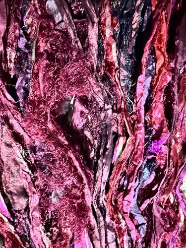 Maker's Craft Recycled Fuzzy Fringes Sari Silk Ribbon Yarn 35yards, 100Grams for DIY Knitting Crocheting Gift Wrapping, Christmas Decoration, Macrame Makers, Jewelry Making, Rugs Hooking (Maroon)