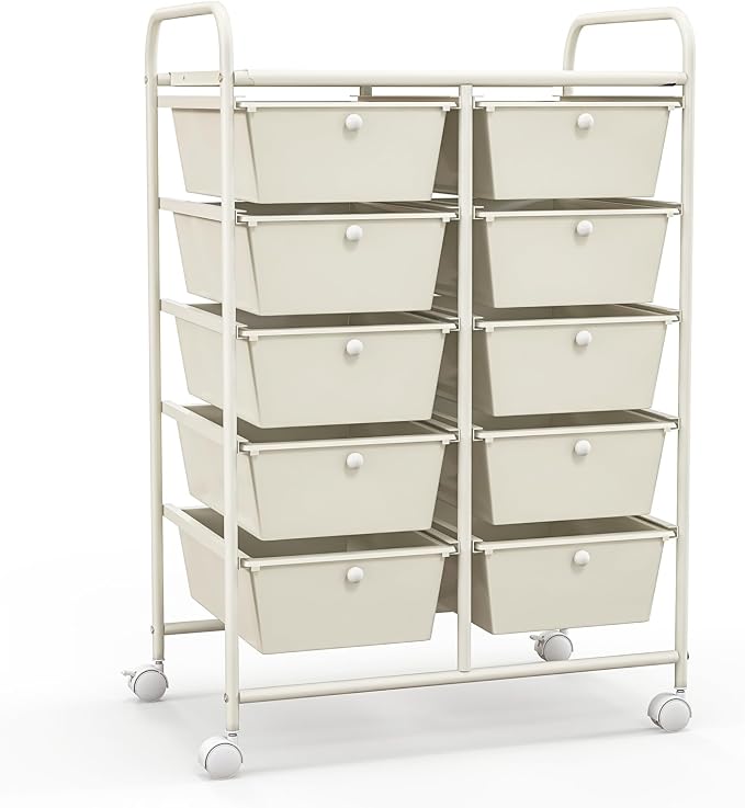 Giantex 10 Drawers Rolling Cart, Classroom Organizers, Storage Cart with Wheels, for Teacher Office Home School Supplies Tool Craft Art Paper, Ivory Color