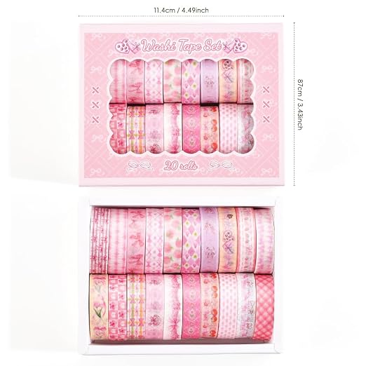 icceemee 20 Rolls Sweet Pink Theme Washi Tape Set with Different Colorful Patterns, Writable Decorative Tapes for Scrapbooking, Junk Journal Supplies, Bullet Journaling, 0.39'' x 79'' per Roll