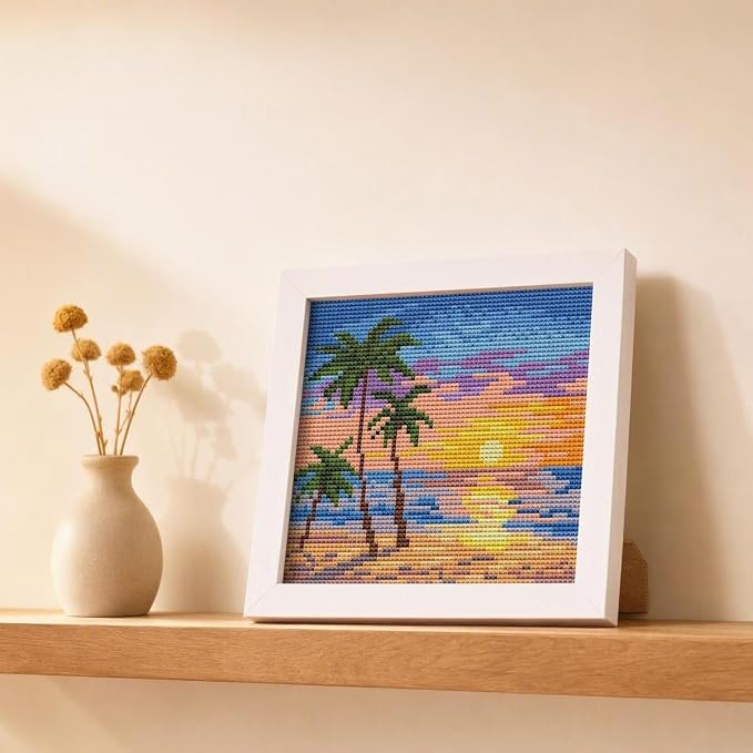 WUSARPLY Sunset Landscape Stamped Cross Stitch Kits for Adults with Framed | Beach Palm Tree Needlepoint Counted Cross Stitch Kits for Beginners Adults with Framed Embroidery Kits Arts and Crafts