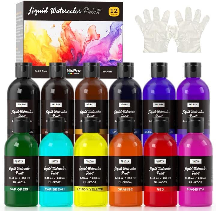 Nicpro 12 Colors Liquid Watercolor Paint Set, 8.45oz Large Bulk Water Color