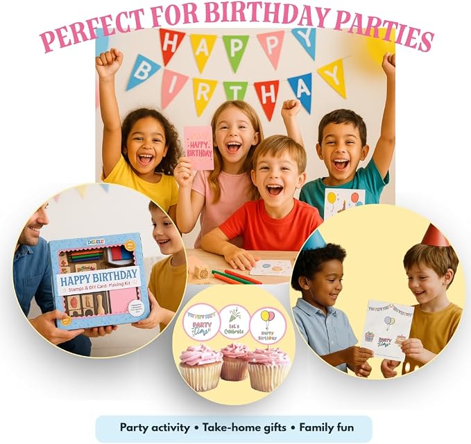 Birthday Card Making Kit -11 Reuseable Wooden Stamps & Ink Pad, 12 Blank Cards with Colorful envelopes, 1 Sheet of Birthday Stickers and 5 Color Pencils Ages 4+