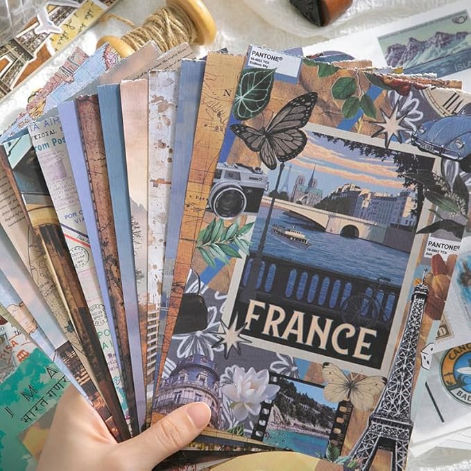 Prstincol Vintage Aesthetic Washi Stickers and Papers for Scrapbooking, 50 Sheets Ephemera Book for Art Journaling with Retro Global Travel Theme Stickers and Decoupage Papers for Junk Journal