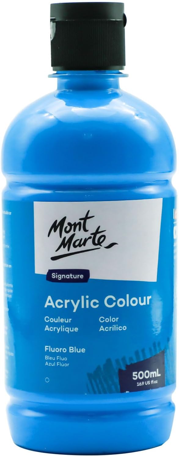 Mont Marte Signature Fluoro Blue Acrylic Paint, 16.9oz (500ml), Semi-Matte Finish, 12 Colors, Suitable for Canvas, Wood, Fabric, Leather, Cardboard, Paper, MDF and Crafts