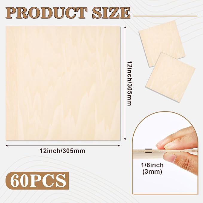60 Pack Basswood Sheets for Crafts,12"x12"x1/8" 3mm Thick Plywood Sheets with Smooth Surfaces-Unfinished Squares Wood Boards for Laser Cutting, Wood Burning, Architectural Models, Staining