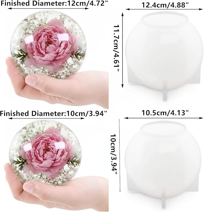 Silicone Resin Sphere Mold Set, White, 4.7" and 3.9" Large Round Ball Molds for Flower Preservation, Epoxy Resin Casting, Candles, Soap Making, DIY Crafts, 2 Pack