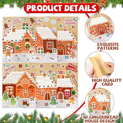ojustbeok 24 Sets Christmas Gingerbread Craft Kit for 3D Gingerbread House Card Making Your Own Festive Winter Greeting Cards Xmas DIY Card Crafts for Holiday Home Art Crafts Supplies