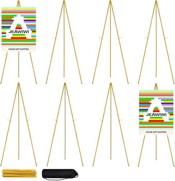 JEAWIWI 8 Pcs Lightweight Easel Stand, 66 Inch, Gold, with Portable Bags | Adjustable Folding Metal Easel Stand for Wedding Sign, Display Show, Art Show, Poster Display