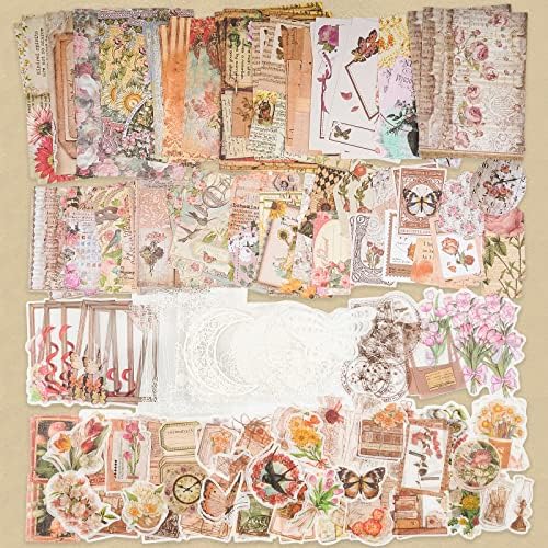 Knaid 200 Piece Vintage Ephemera Bundle - Paper & Sticker Kit for Junk Journaling, Scrapbooking, Planners, Bullet Journals, Collage, Decoupage - Cottagecore Themed - Pastel/Earthy Tones