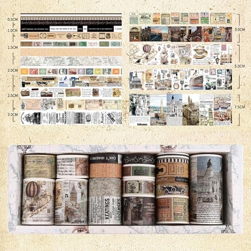 18 Rolls Vintage Washi Tape Pack Retro Arts Adhesive Tapes Wide Monologue Decorative Masking Tape Sets for Craft, Kids, Scrapbook, DIY, Gift Wrapping (Travel the World)
