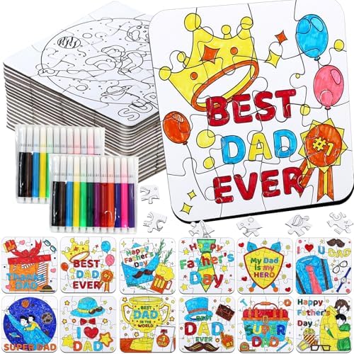 24 Set Fathers Day Crafts for Kids Classroom Bulk, Father's Day Arts DIY Jigsaw Puzzle with Shirt Hat Crown, Summer Camp Best Dad Activity Painting Kit for School Gifts Coloring Games Party Favors