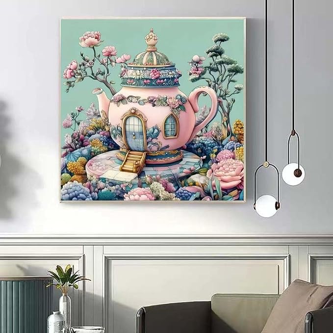 Teapot Castle Diamond Art Kits for Adults,5D Diamond Painting Kits for Beginner,DIY Full Round Drill Flower Diamond Dot Gem Painting With Dot Art Craft Kits for Home Wall Decor 13.79 x 13.79inch