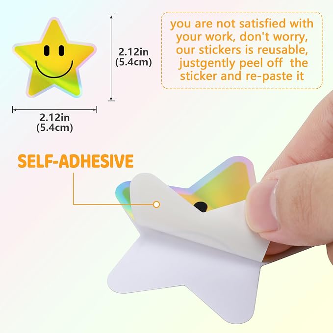 50PCS Smile Holographic Stickers, Star Stickers