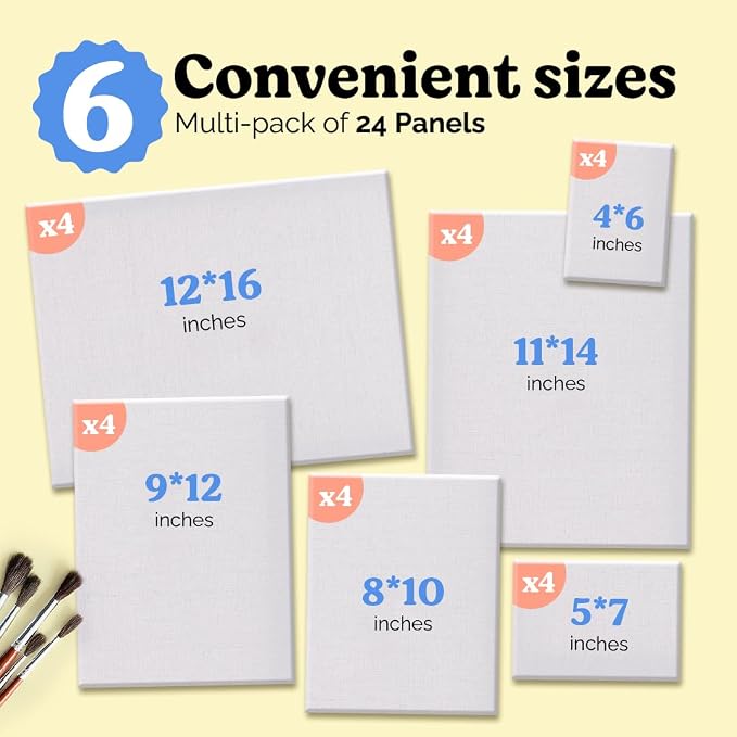 Chalkola 24 Pack Paint Canvases for Painting - Blank Art Canvas Panels | Multipack 4x6, 5x7, 8x10, 9x12, 11x14, 12x16 inch (4 Each) - 100% Cotton, Primed, Acid Free Art Canvas Boards for Painting