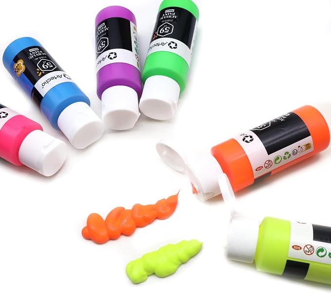 Artecho 6 Neon Colors Acrylic Paint 59ml / 2oz Bottle | Semi Glossy Finish, High Pigment Rich Color Craft Paint for Canvas,Fabric, Non-Toxic
